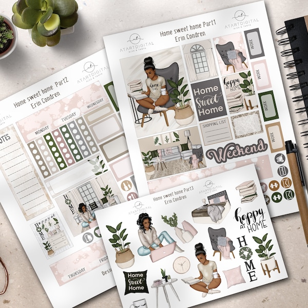 印刷可能なHome Sweet Home Black Girlプランナーステッカー、Erin Condrenウィークリーキット、アフリカ系アメリカ人ライフプランナーキット、ファッションガールステッカー