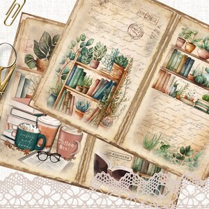Bookish Junk Journal Pages Vintage Ephemera, Digital Library Printable Collage Sheet for Scrapbooking, Floral Journaling Instant Download