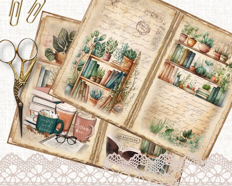 Bookish Junk Journal Pages Vintage Ephemera, Digital Library Printable Collage Sheet for Scrapbooking, Floral Journaling Instant Download