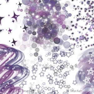 May include: Purple and white abstract digital art with a swirling pattern, stars, and circles. The background is white.