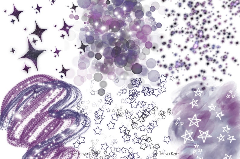 May include: Purple and white abstract digital art with a swirling pattern, stars, and circles. The background is white.