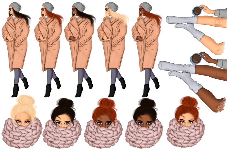 Winter Fashion Girls Clipart Bundle Cozy Sweater Weather, Fashion Illustration, Digital Download for Commercial Use, January Clipart Set image 3
