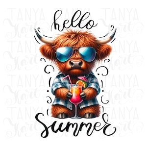 Hello Summer, Highland Cow Art, Tshirt Design Sublimation PNG, Highland Cow Design, Beach Vacation, Cow Print, Beach Vibes, Summer Vacation