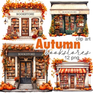 Autumn Bookstore Digital Fall Designs for Fall Home Decor, Kindle Stickers, Bookish Merch | Books Illustrations Png Clipart for Book Lover