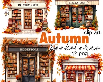 May include: Four illustrations of autumn-themed bookstores with fall foliage, pumpkins, and the word "BOOKSTORE" above the entrance. The illustrations are in a cartoon style and are perfect for use in digital scrapbooking, card making, or other craft projects.