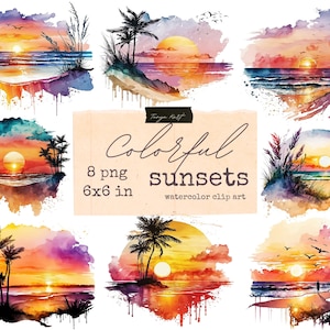 Sunset Png Clipart, Watercolor Beach, Digital Download, Colorful Background, Beach Life Png, Ocean Sunset Png, Retro Sunset Png