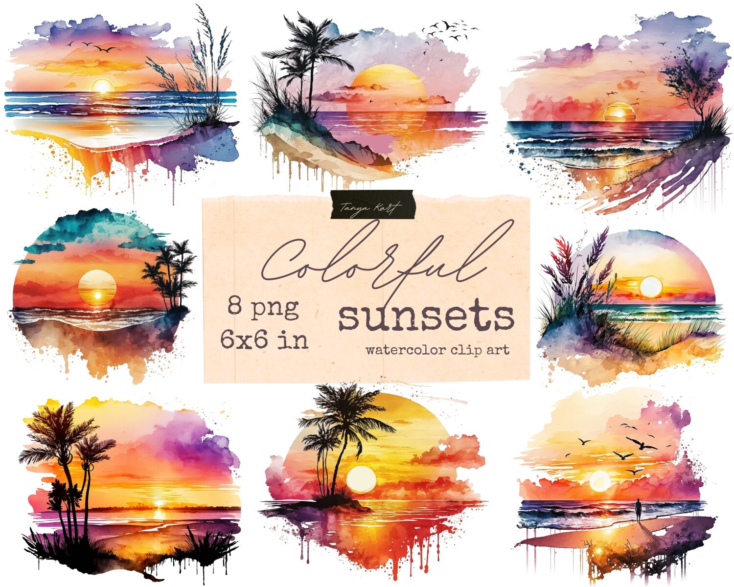 Sunset Png Clipart, Watercolor Beach, Digital Download, Colorful Background, Beach Life Png, Ocean Sunset Png, Retro Sunset Png