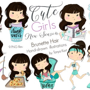 Brunette haar meisjes clipartillustraties voor stickers, meisje sticker clipart set - handgetekende graphics voor planners en doe-het-zelfambachten