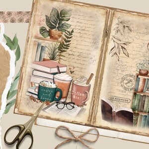 Bookish Junk Journal Pages Vintage Ephemera, Digital Library Printable Collage Sheet for Scrapbooking, Floral Journaling Instant Download