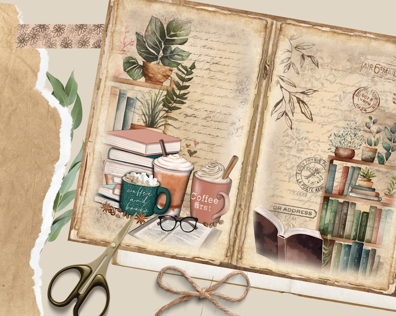 Bookish Junk Journal Pages Vintage Ephemera, Digital Library Printable Collage Sheet for Scrapbooking, Floral Journaling Instant Download