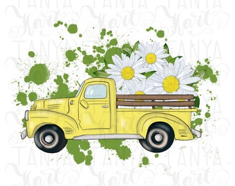 Yellow Truck Png With Flowers Sublimation Design, Digital Download, Spring PNG, White Floral, Pickup Drawing, Easter Artwork, Hand Drawn