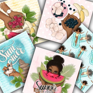 May include: A collage of images featuring summer themes. One image shows a woman holding a watermelon slice, another shows a woman holding a bowl of blueberries, and another shows a woman holding a bowl of strawberries. The text "Summer is a state of mind" is featured in one of the images.