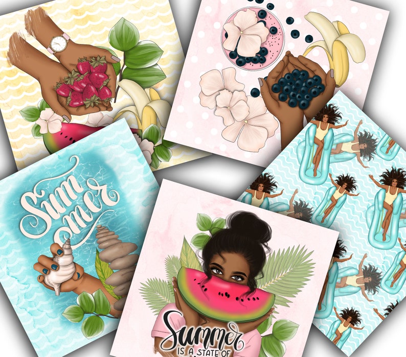 May include: A collage of images featuring summer themes. One image shows a woman holding a watermelon slice, another shows a woman holding a bowl of blueberries, and another shows a woman holding a bowl of strawberries. The text "Summer is a state of mind" is featured in one of the images.