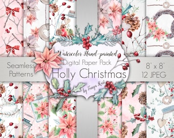 May include: Twelve digital paper designs featuring watercolor illustrations of holly, poinsettias, pine cones, and other winter greenery. The papers are seamless and perfect for crafting projects.