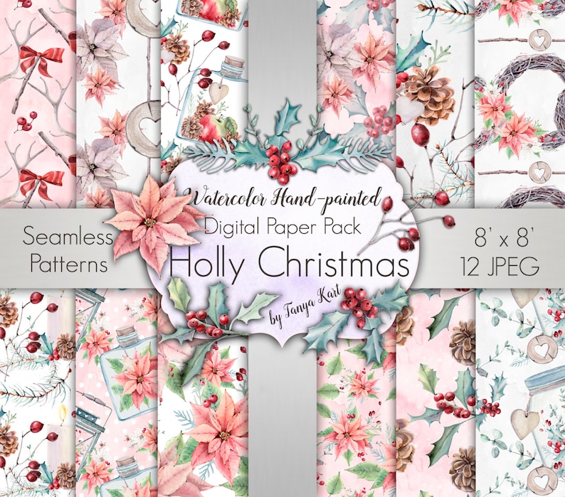 Pink Christmas Paper Floral Digital Paper Scrapbook Paper Etsy