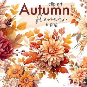 Herfstboeketten png-clipart, herfstbloemen direct downloaden voor commercieel gebruik, terracotta en oranje bloemen digitale afbeelding