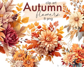 Autumn Bouquets Png Clipart, Fall Flowers Instant Download for Commercial Use, Terracotta and Orange Floral Digital Illustration