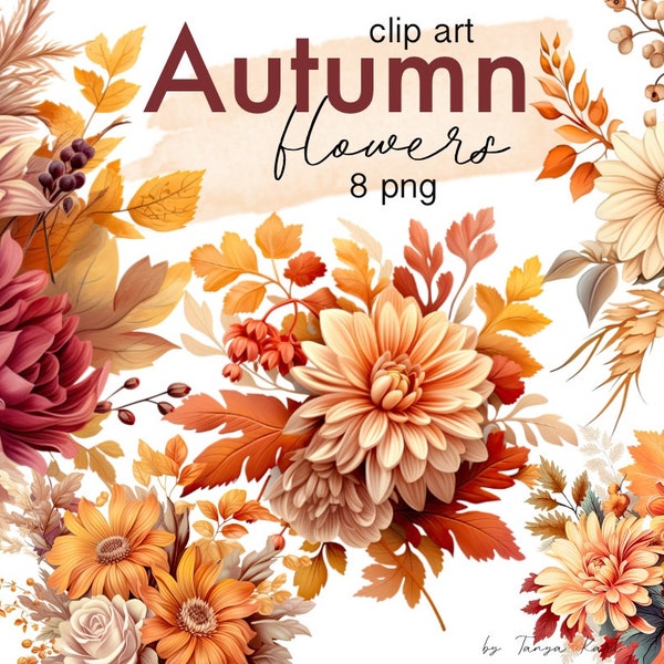 Autumn Bouquets Png Clipart, Fall Flowers Instant Download for Commercial Use, Terracotta and Orange Floral Digital Illustration