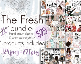 Planner Clipart Stickers for Commercial use, Fashion Blogger The Fresh Bundle, Hand-Drawn Clipart, Digital Papers, Planner Supplies