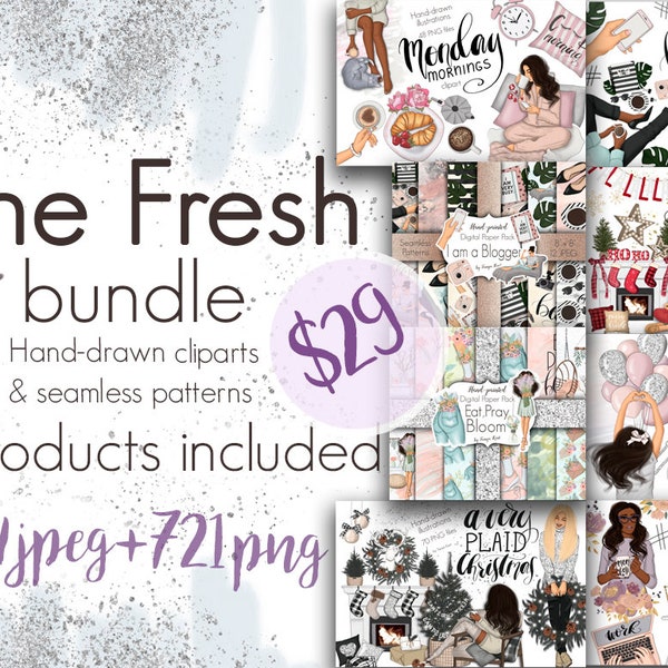 Planner Clipart Stickers pour un usage commercial, Fashion Blogger The Fresh Bundle, Hand-Drawn Clipart, Digital Papers, Planner Supplies