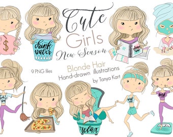 Blonde Hair Girls Planner Graphics - Digital Clipart Bundle with Cute Girls and Planner Stickers for Instant Download