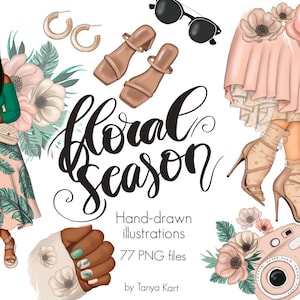 Frühling Sommer Cliparts, Planer Girl, Afro Girl, Floral Clipart, Blumen Clipart, Planner Babe, Planer Aufkleber, Mode-Illustration