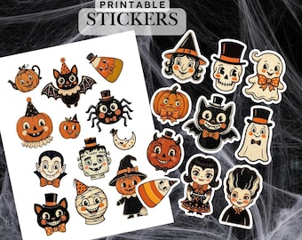 Vintage Halloween Digital Stickers | Retro Spooky Planner PNGs | Cute Ghost Bat Pumpkin Art | Printable Sticker Sheet| Folk Art Retro Style