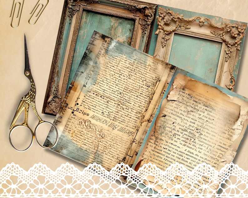 Printable Turquoise Junk Journal Pages, Digital Paper, Collage Supplies Instant Download, Shabby Junk Journal, Vintage Ephemera Tags