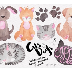 Watercolor Pet Clipart - Cats, Dogs, and Paw Prints, Puppy Clip Art - Watercolor Animals - PNG Dog Cat Lovers Clipart, Hand-Painted Design