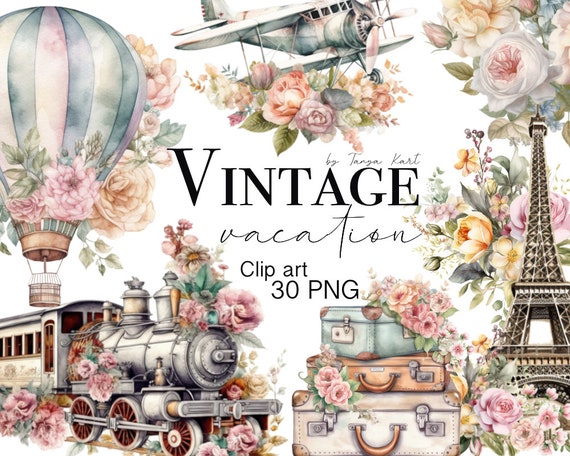 Vintage Travel PNG Clipart: Retro Vacation Scrapbook Elements (Digital Download)