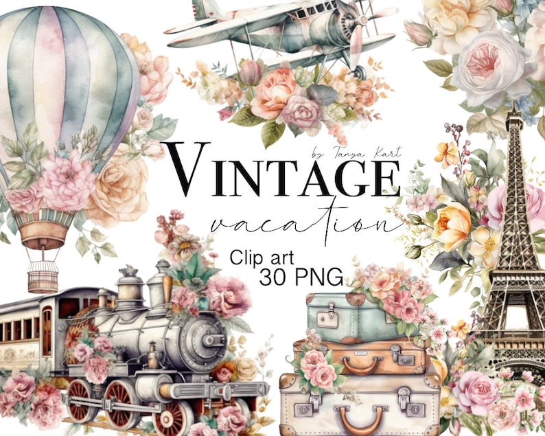 30 Vintage Travel Png Clipart Instant Download For Commercial Use, Scrapbook Elements, Vintage Ephemera, Retro Travel Png For Sublimation