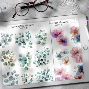 Abstract Watercolor FlowersPre Cropped Stickers,Flowers Digital stickers, Eucalyptus Leaves,Flowers and Leaves Digital art,Greenery Stickers