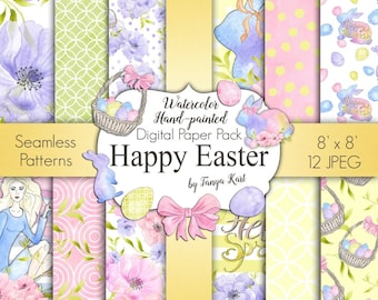 Easter Watercolor, Bunny Digital Paper, Floral Digital Paper, Easter Paper Pack,Seamless Pattern,Girly Paper, Spring Paper, Watercolor Paper