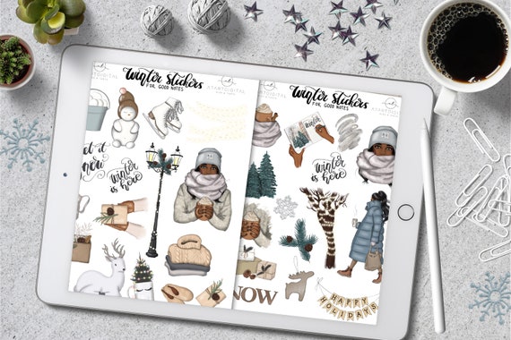 Winter Kit Digital Stickers for Goodnotes 5 Planner, African American Goodnotes Stickers, Digital Planner, Dark Skin Tone, IPad Pro