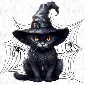 Spooky Black Cat in Witch Hat with Spider Web PNG - Halloween Digital Download for DIY Projects, PNG Sublimation for T-Shirts