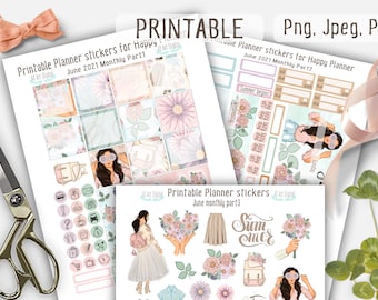 Printable Summer Monthly Stickers for Happy Planner,June Monthly Stickers,Floral Spring Kit Monthly Stickers Planner Diy,Minimalist Stickers
