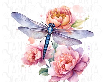 Dragonfly PNG Digital Downloads, Insect Illustration, Wind Spinners, Digital Prints, Watercolor Flowers, Dragonfly Design, Floral Dragonfly