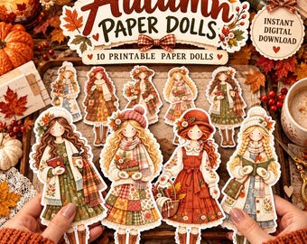 Autumn Paper Dolls Printable Set | Fall Cottagecore Girl Clipart PNG JPG | Vintage Doll Digital Download | Junk Journal