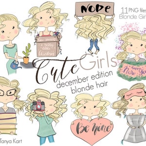 Blonde haren meisjes clipart voor planner stickers, digitale afbeeldingen, december planner, lieve illustraties voor scrapbooking en knutselen