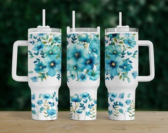 Floral PNG Tumbler Wrap, Blue Flowers for 40 oz Stanley Quencher, Instant Download, Sublimation Printable Digital Download
