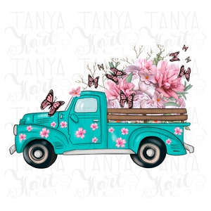 Sublimation Design, Turquoise Truck, Floral Art, Whimsical Design, Floral Design, Sublimation File, Truck With Flowers, Spring Sublimation