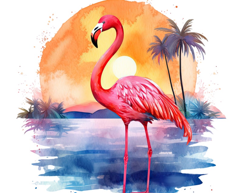 Flamingo Beach Sunset Clipart for Commercial Use, Watercolor Tropical Pink Flamingo Sublimation Designs, Ocean Sunset Png Instant Download image 6