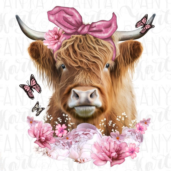 Cow With Pink Flowers Png For Sublimation, Cow Png Design, Farm Animal Png, Highland Cow Png, Pink Floral Cow Png, Digital Downloads