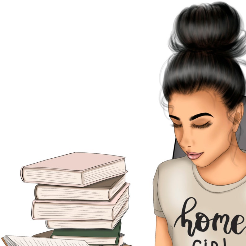 May include: A woman with dark hair in a bun is reading a book. She is wearing a light brown t-shirt with the text "home girl" printed on it. There is a stack of books in front of her.