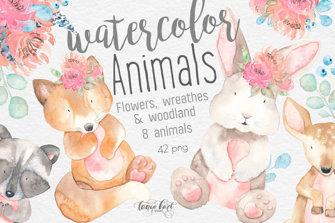 Watercolor Woodland Animals Clipart for Commercial Use, Floral ...
