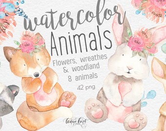 Watercolor Woodland Animals Clipart for Commercial Use, Floral Watercolor Wreath Clip Art, Handdrawn Clipart for Commercial Use