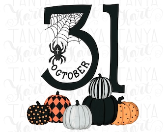 31 October Png Halloween Design for Sublimation, Black Orange White Pumpkins Png Instant Download, Happy Halloween Printable Art