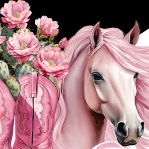 May include: A pink horse with a flowing mane and a pair of pink cowboy boots with cactus flowers in them.