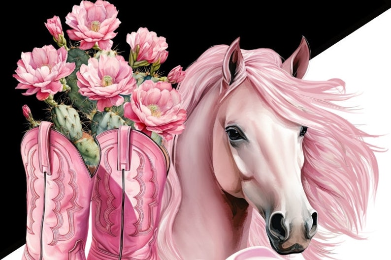 May include: A pink horse with a flowing mane and a pair of pink cowboy boots with cactus flowers in them.