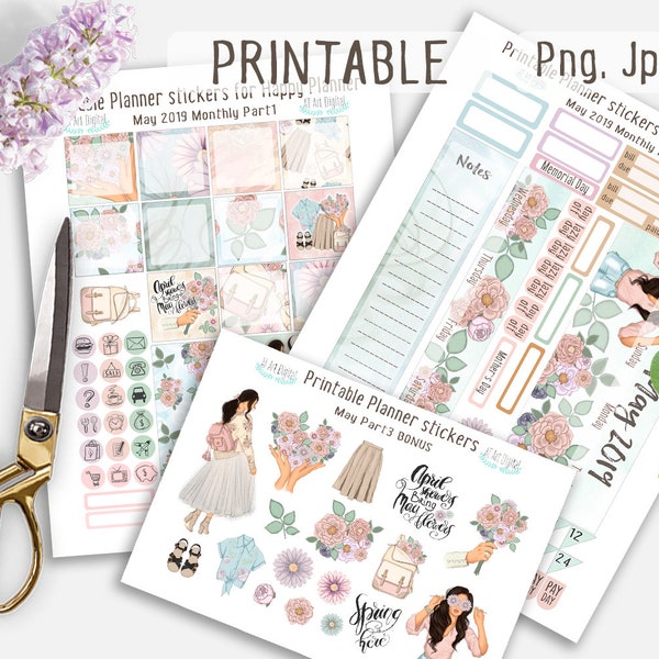 Spring Stickers, May Monthly Stickers, Happy Planner Kit, Floral Stickers, Floral Kit, Planner Diy, Planner Kit, Monthly Planner Kit